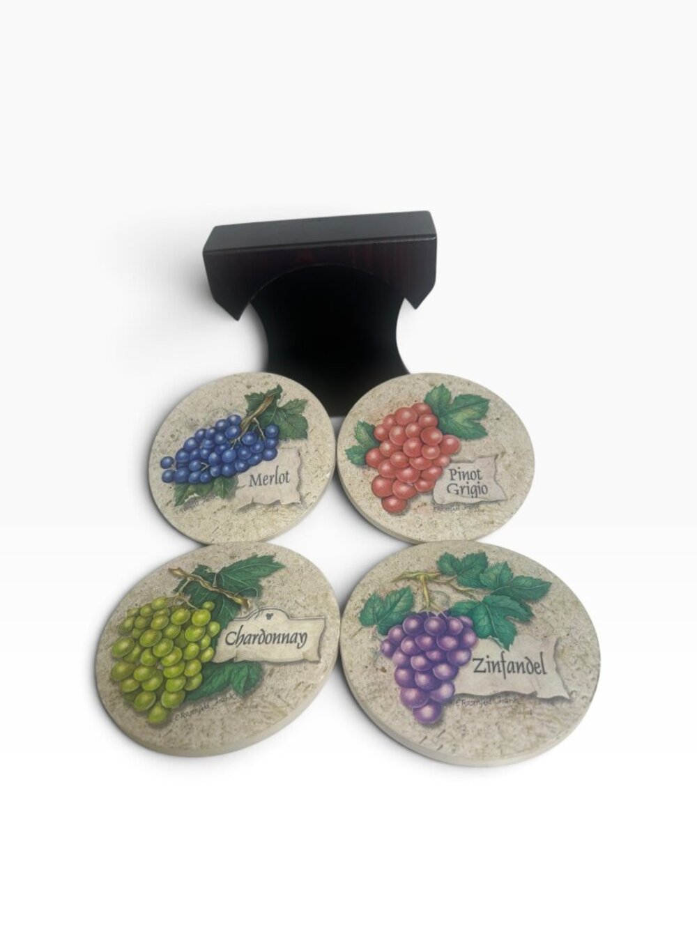 Vintage E. Rosenfeld Frank Ceramic Wine Coasters Set of 4 with Wood Caddy Holder